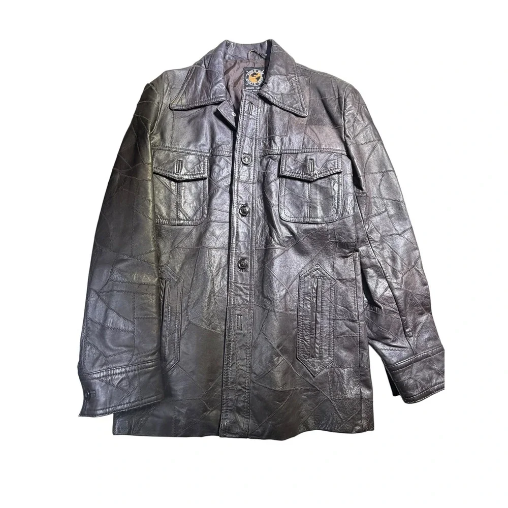 Vintage World Wide Sports Wear Patchwork Leather Jacket Brown‎ 70s Car Coat 38